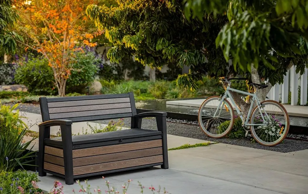 Outdoor Benches|Outdoor Storage Benches>Keter Signature 60 Gallon Outdoor Storage Bench - Walnut Brown