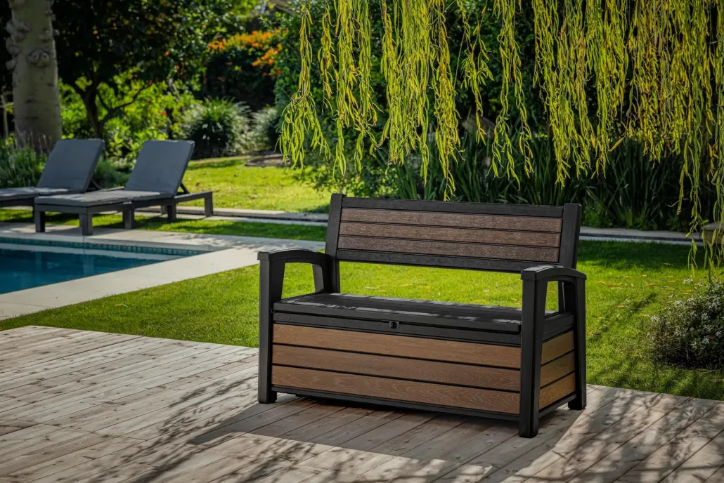 Outdoor Benches|Outdoor Storage Benches>Keter Signature 60 Gallon Outdoor Storage Bench - Walnut Brown