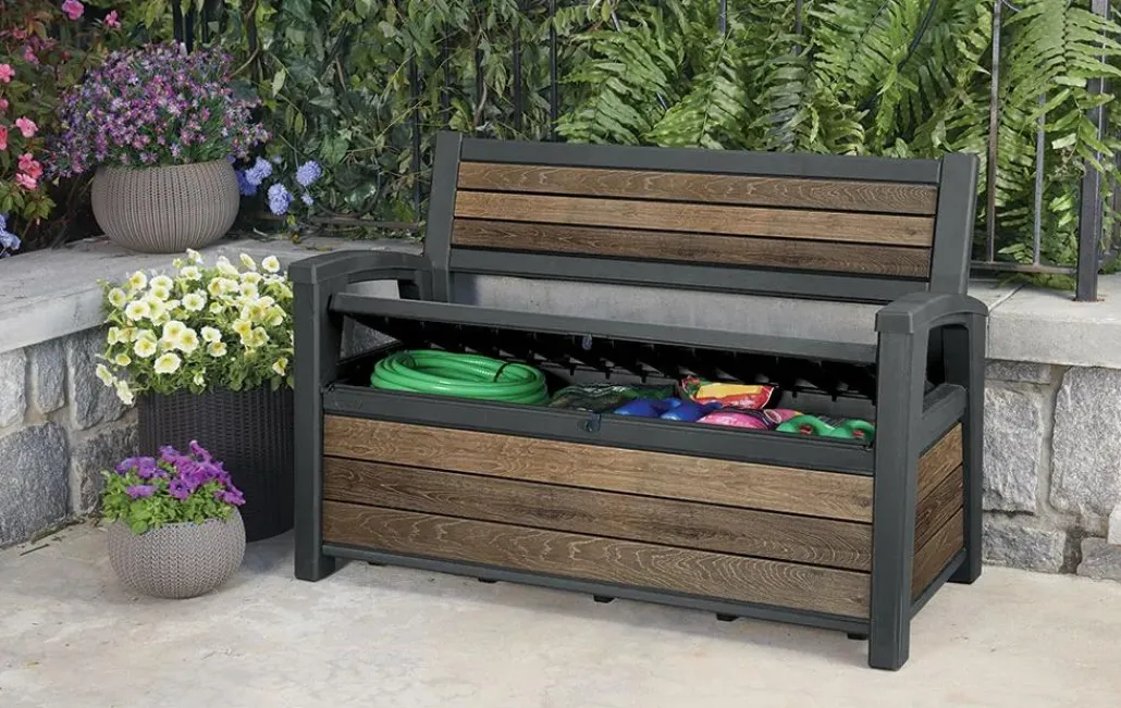 Outdoor Benches|Outdoor Storage Benches>Keter Signature 60 Gallon Outdoor Storage Bench - Walnut Brown