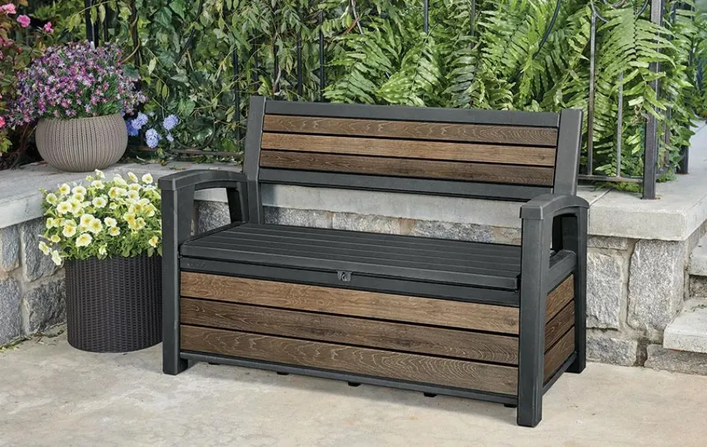 Outdoor Benches|Outdoor Storage Benches>Keter Signature 60 Gallon Outdoor Storage Bench - Walnut Brown